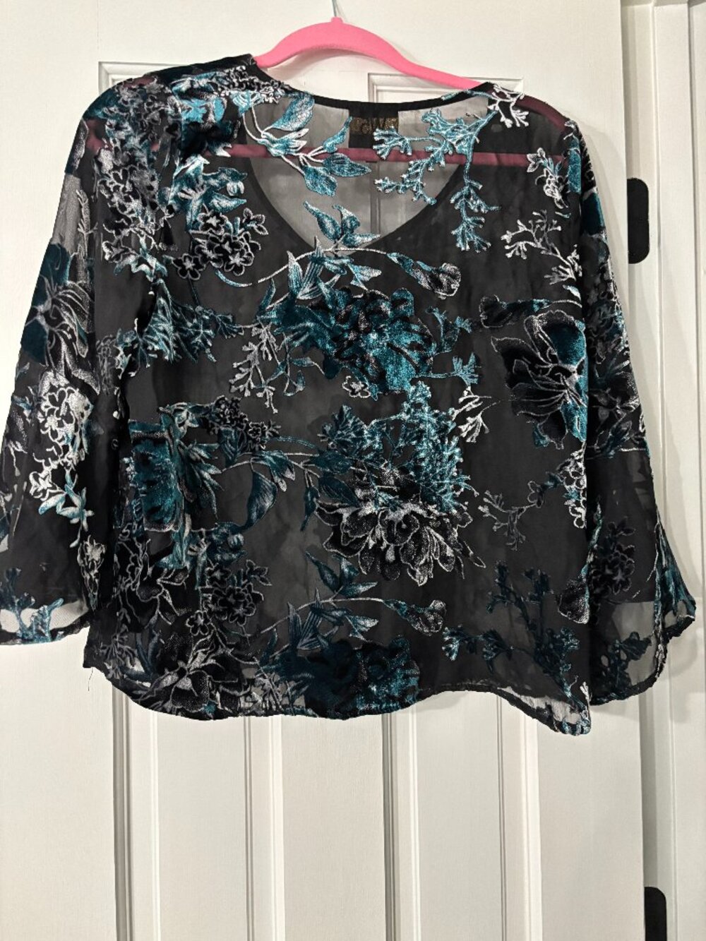 W5 Sheer Teal & Black Floral Velvet Burnout Blouse - Size Medium